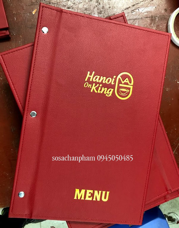 Menu bìa da đỏ ép chìm nhũ vàng