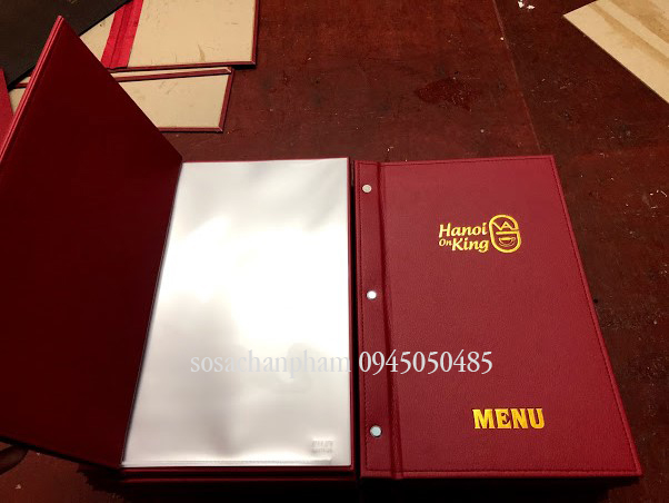 Menu bìa da đỏ ép chìm nhũ vàng